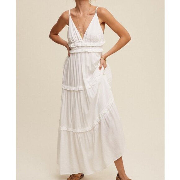 Cream White Ruffle Tiered Cotton Maxi Dress SZ M - Picture 1 of 6